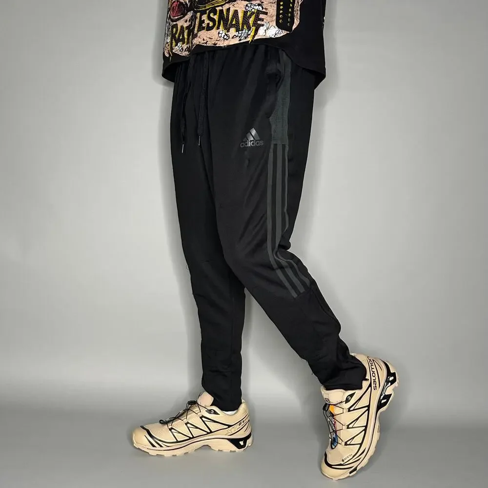 Adidas Sweatpants Black Polyester Joggers Grey 3 Stripes Ankle Zippers to Flare - Picture 1 of 5